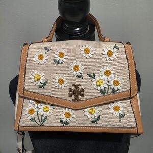 Tory Burch Floral Embroidered Beige Top-Handle Bag